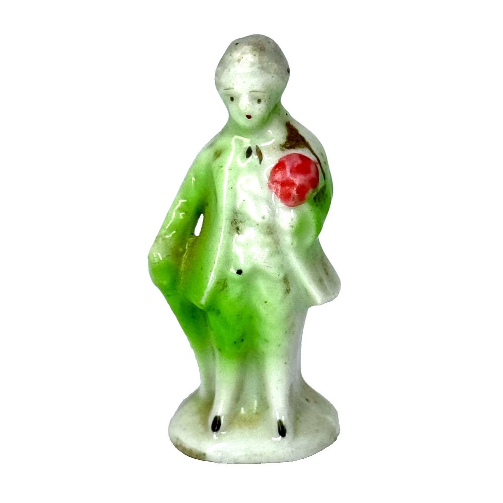 Vintage Japan‎ Miniature Boy Figurine Green Coat Red Rose Porcelain